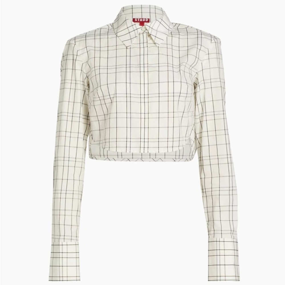 STAUD White Grid Cropped Button-Up Top
